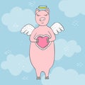 Funny hand-drawn vector pig Cupid in clouds with wings and heart Royalty Free Stock Photo