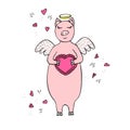 Funny hand-drawn vector pig Cupid with wings and heart Royalty Free Stock Photo