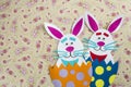 Funny handmade cartoon rabbits placed inside eggs with copyspace