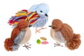Funny handmade Easter birds are made of thread and peck pumpkins seeds isolated