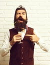 Funny handsome bearded pilot on white brick wall background Royalty Free Stock Photo