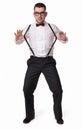 Funny handsome guy with suspenders and bow tie