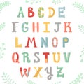 Funny handwritten multicolored alphabet. Lettering with plants. Hipster and vintage style.