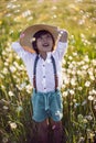 funny happy a beautiful boy child in a hat stands on a field with white dandelions at sunset in summer. soap bubbles are Royalty Free Stock Photo