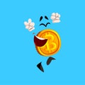 Funny happy bitcoin character having fun, crypto currency emoticon vector Illustration on a sky blue background