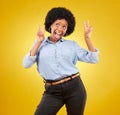 Funny, happy and black woman with peace sign, smile and girl against a studio background. African American female, lady