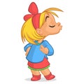 Funny and happy cartoon little girl sending a kiss