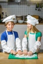 Funny happy chef boy width girl cooking at Royalty Free Stock Photo