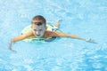 Funny happy child boy in swiming pool on inflatable rubber circle ring. Kid playing in pool. Summer holidays and vacation concept Royalty Free Stock Photo