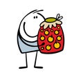 Funny happy child holds huge jar of jam. Doodle illustration of a stickman and food for berries dessert. Breakfast or