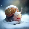 A funny happy Christmas snail in the snow