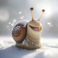 A funny happy Christmas snail in the snow