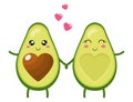 Funny happy cute happy smiling couple of avocado in love. Cute cartoon avocado couple holding hands. Valentine`s day greeting car Royalty Free Stock Photo