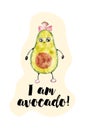 Funny happy cute smiling avocado. Vector watercolor kawaii illustration.