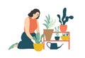 Funny happy girl taking care of houseplants growing in planters. Young cute woman cultivating potted plants at home