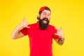 Funny happy guy. Approve or recommend concept. Man smile unshaven face shows thumbs up gesture yellow background. Man Royalty Free Stock Photo