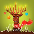 Funny Happy Hanukkah card. Cartoon, cute and happy Santa`s Christmas reindeer deer with antler in form of menorah Royalty Free Stock Photo