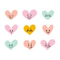 Funny happy hearts. Cute cartoon characters. Set of heart icons. Creative hand drawn hearts with different emotions Royalty Free Stock Photo