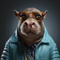 Funny And Happy Hippopotamus Wearing Glasses And Jacket