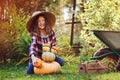 Funny happy kid girl playing with pumpkins and building `snowman` in autumn garden Royalty Free Stock Photo