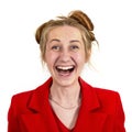 Funny, happy, laughing young girl student, with an interesting hairstyle, openly laughing and looking at the camera