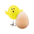 Funny Happy Little Chick Standing Beside a Raw Chicken Egg