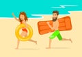 Funny happy man and woman running on a beach with inflatable swimming mattress and ring