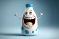 Funny happy milk bottle cartoon character on a studio background, generated ai