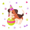 Funny happy puppy with holiday hat and toy ball. Playful dog. Bones, footprints and stars are on the background. Vector