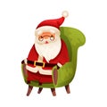 Funny happy Santa Claus sitting in green armchair. Christmas card, banner, flyer design cartoon vector illustration