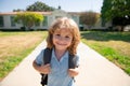 Funny happy school boy face. Back to school. Cute kid with backpack running and going to school. Royalty Free Stock Photo