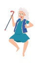 Funny happy senior female. Cartoon old dancing woman. Grandmother active moving. Gray-haired pensioner with cane. Adult