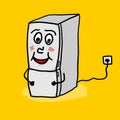 Funny happy smiling fridge mascot. Cartoon design of an icebox character with laughing face. Isolated vector drawing.
