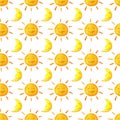 Funny happy smiling suns and moons. Bright beautiful cartoon pattern.