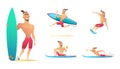 Funny and happy Surfer in different action poses. Cartoon character design.