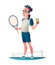 Funny happy tennis player standing on a tennis court. Cartoon character design illustration