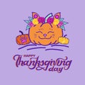 Funny Happy Thanksgiving card with pumpkin cat and hand drawn lettering.