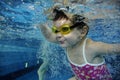 Funny happy toddler girl swimming underwater in a pool with lots of air bubbles Royalty Free Stock Photo