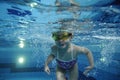 Funny happy toddler girl swimming underwater in a pool with lots of air bubbles Royalty Free Stock Photo