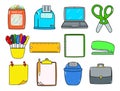 Funny happy work items characters bundle set. Vector hand drawn doodle. Ruler, Trash can, Stapler, Punch clock, Colored