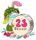 Funny hare drummer in helmet and drum symbol Defender Fatherland Day 23 February