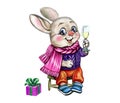 Funny hare with a glass of champagne