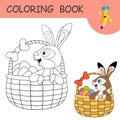 Funny Hare sitting in basket full of decorated Easter eggs. Coloring book with funny Rabbit. Template of colorless and color