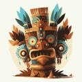 Funny head, totem. Set of trendy hawaii wooden tiki mask.