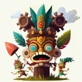 Funny head, totem. Set of trendy hawaii wooden tiki mask.