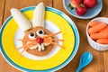 Funny healthy breakfast for kids on Easter. Easter bunny pancake on yellow plate