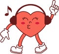 Funny heart listens to music in headphones