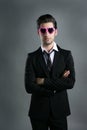 Funny heart shape pink sunglasses businessman