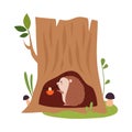 Funny Hedgehog as Forest Animal Reserving Mushrooms in Tree Hollow Vector Illustration