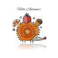 Funny hedgehog with autumn harvest for your design